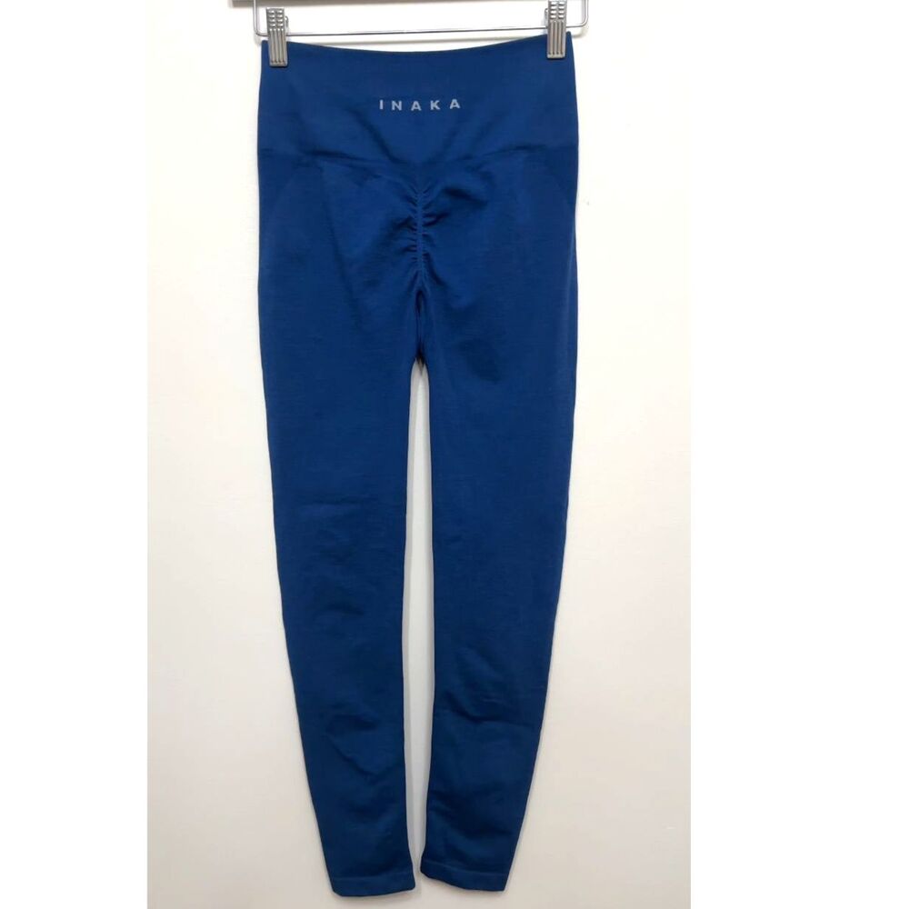 INAKA Power Seamless Scrunch Leggings Blue High Rise Gym Workout Activewear Sz S